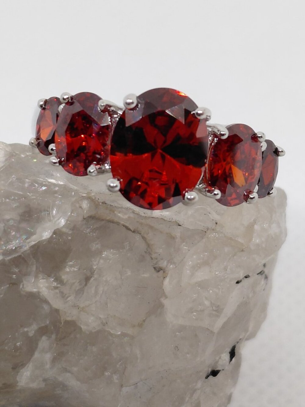 Sterling Silver Radiant Ruby Red Cubic Zirconia Five-Stone Ring